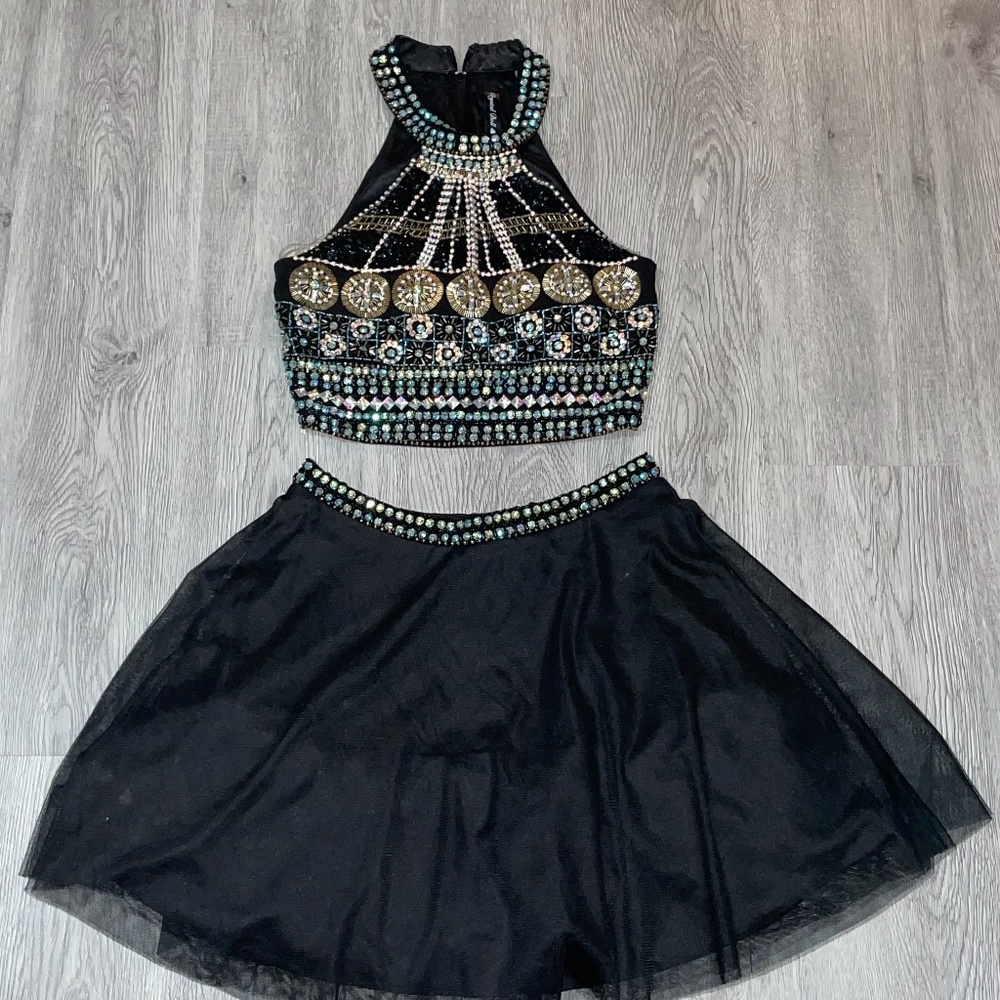 Blue, gold, and Black rhinestone two piece dress